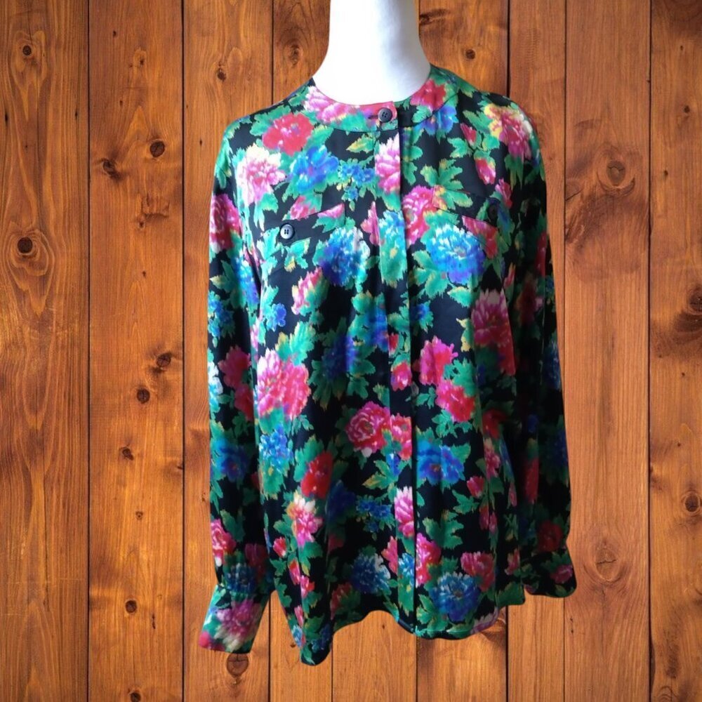 Escada Women's Size 38/US 8 Silk Floral Long Sleeve Button Front Blouse Top